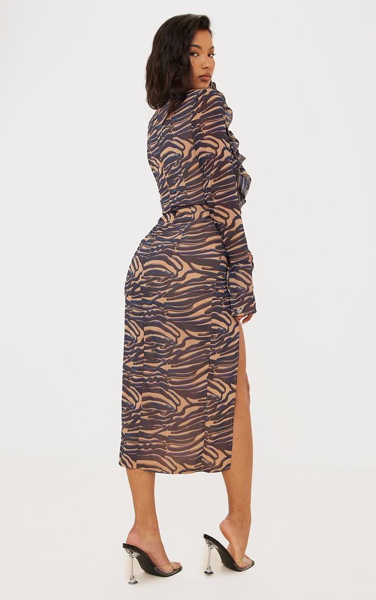 Stone Zebra Print Chiffon Frill Detail Midi Dress Product Image