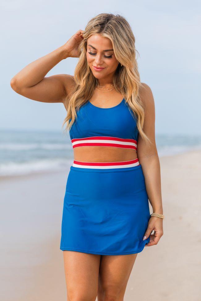 Out On The Water Blue Solid Swim Skort With Striped Trim FINAL SALE Product Image