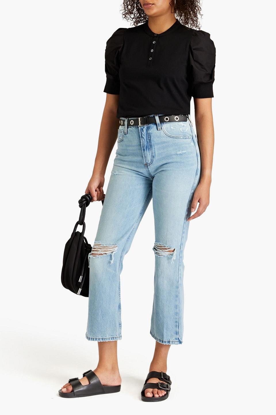 Cropped Distressed Mid-rise Bootcut Jeans In Light Denim Product Image