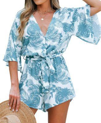 Cupshe Womens Tropical Floral Leaf Print Belted Romper Product Image