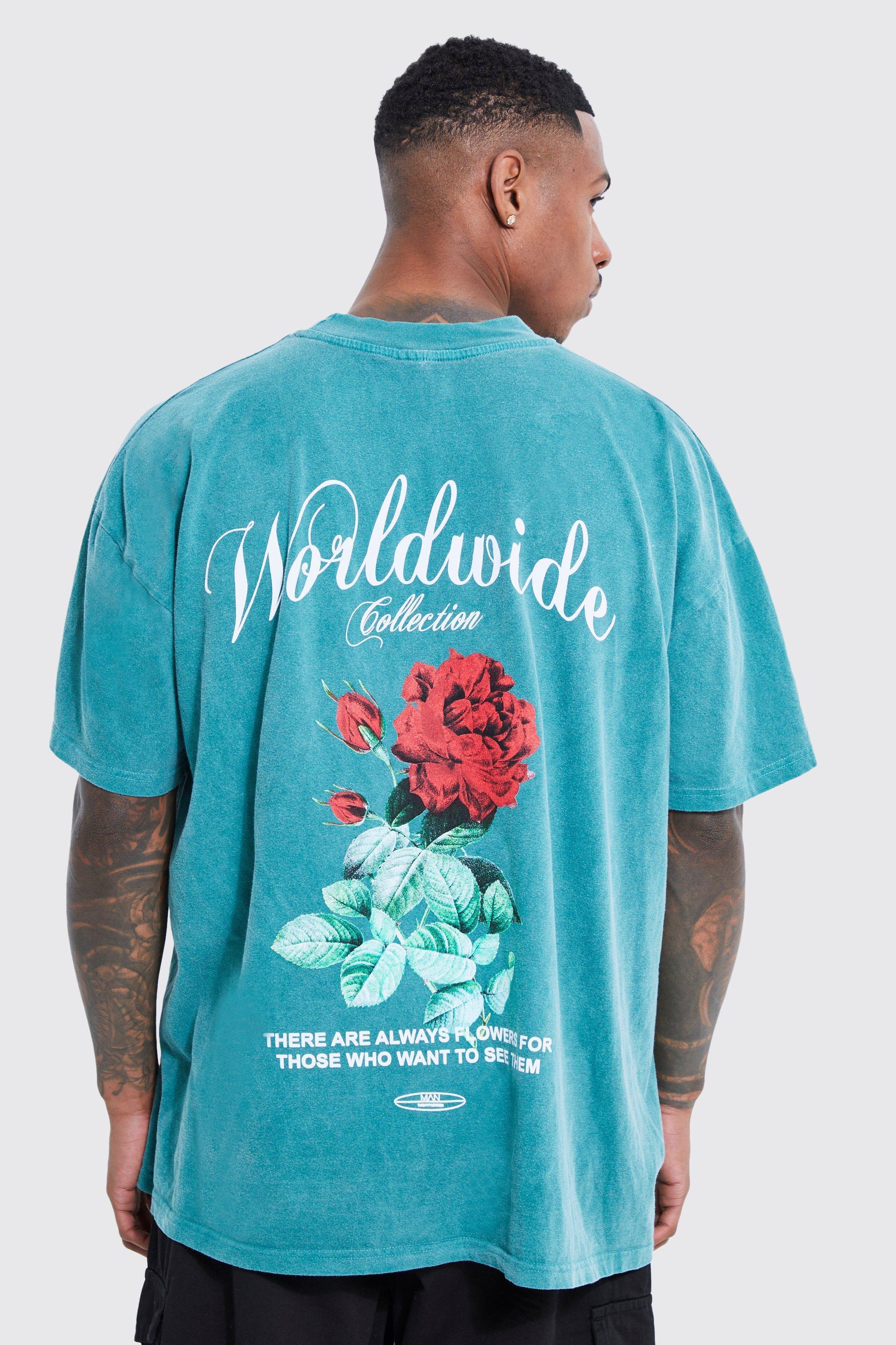 Mens Green Oversized Overdye Worldwide Floral Graphic T-shirt, Green Product Image