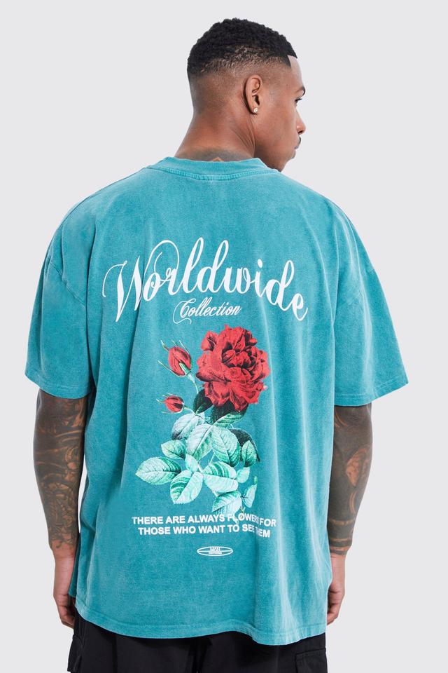 Mens Green Oversized Overdye Worldwide Floral Graphic T-shirt, Green Product Image