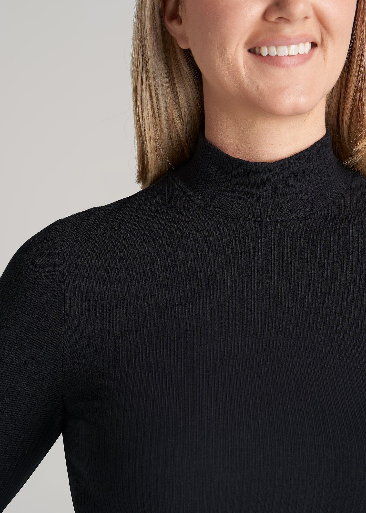 Long Sleeve Mock Neck Ribbed Top for Tall Women in Black Female Product Image