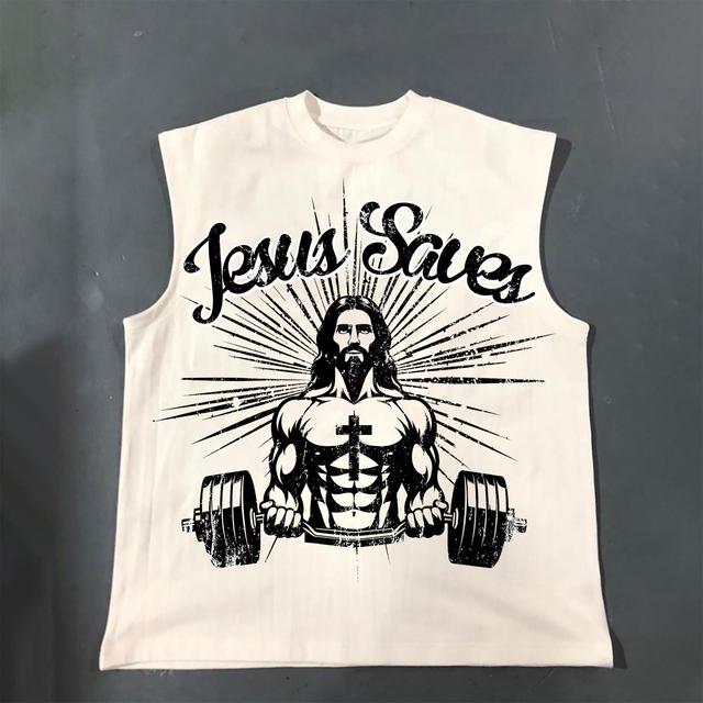 Jesus Saves Jesus Power Fitness Print Cotton Tank Top Product Image