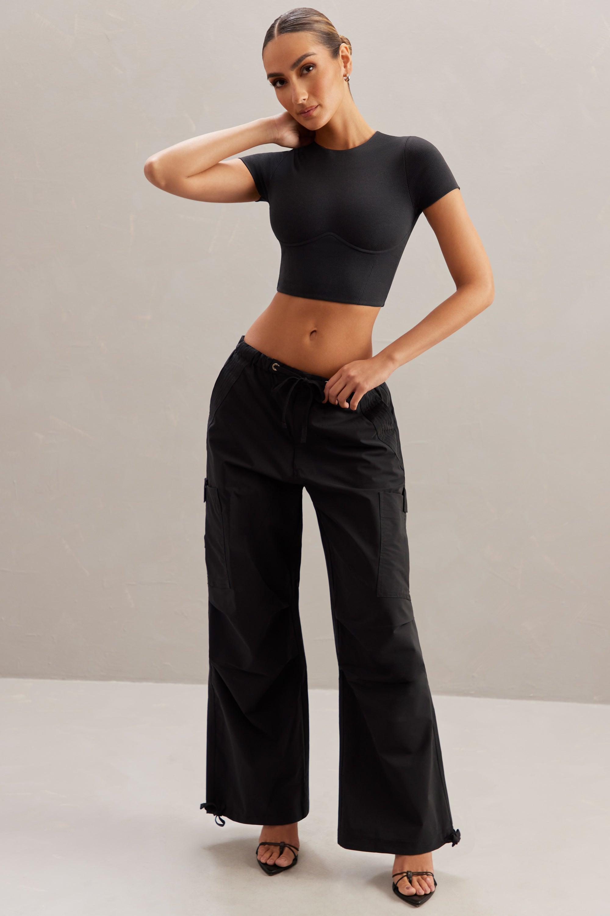 Wide Leg Cargo Trousers in Black Product Image