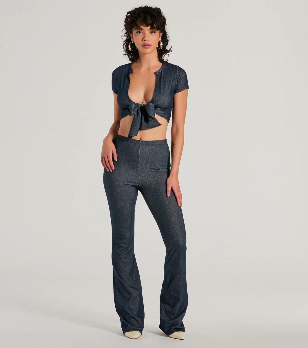 Cause A Commotion Tie Front Denim Crop Top Product Image