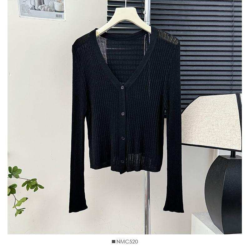 Long-Sleeve V-Neck Ribbed Light Cardigan in 9 Colors Product Image