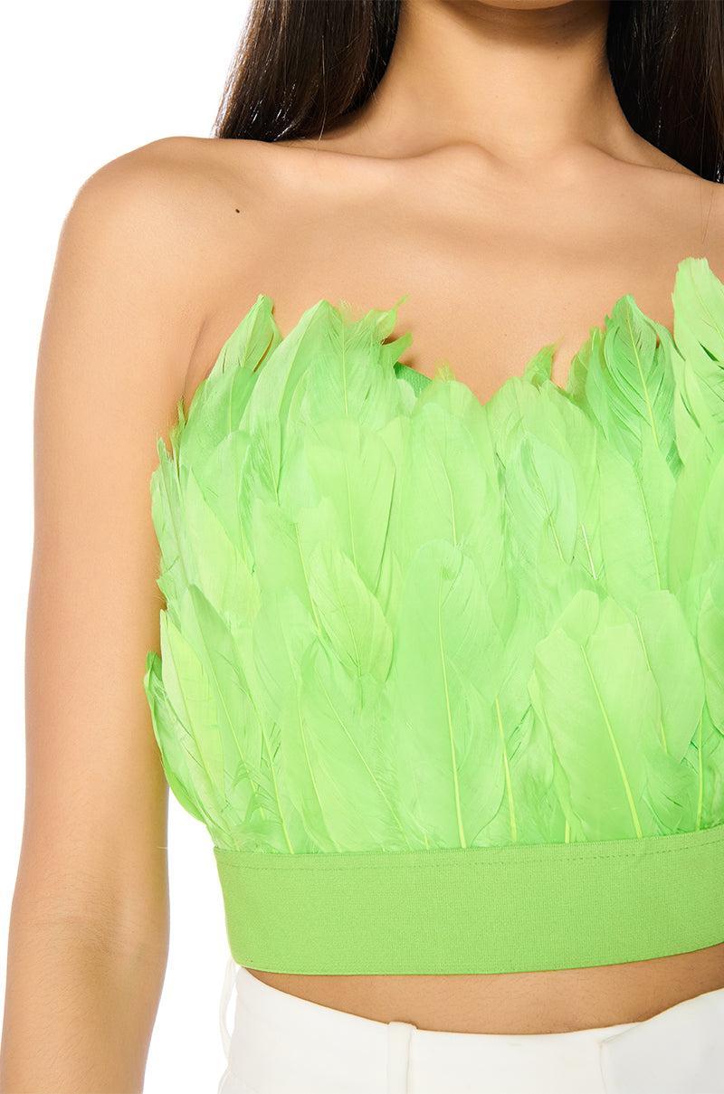 FLY AWAY FEATHER TUBE TOP IN NEON GREEN Product Image