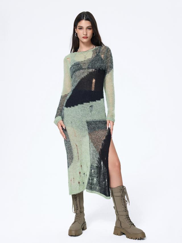 Knit Patchwork Ripped Midi Dress Product Image