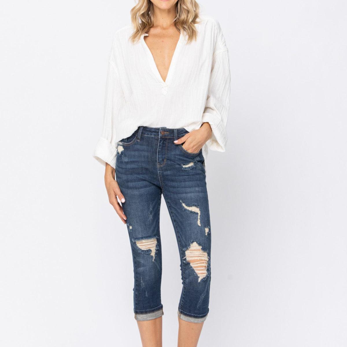 Chevelle Hi-Rise Cuffed Distressed Judy Blue Capri Jeans Product Image