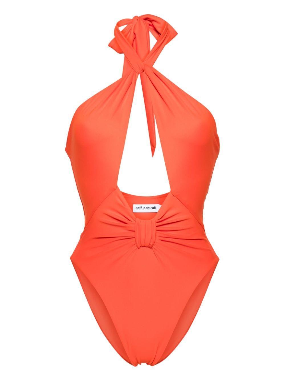 Bow-detail Halterneck Swimsuit In Orange Product Image