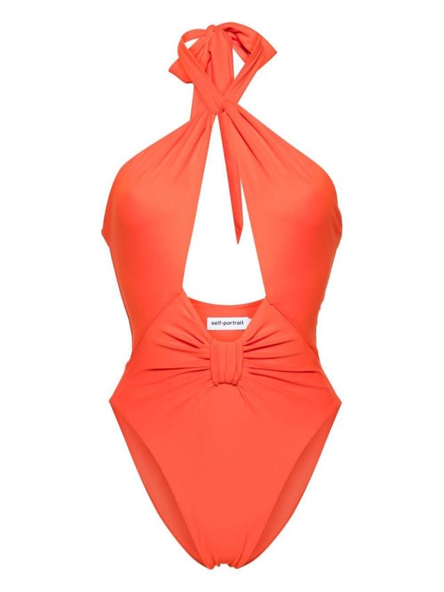 Bow-detail Halterneck Swimsuit In Orange Product Image