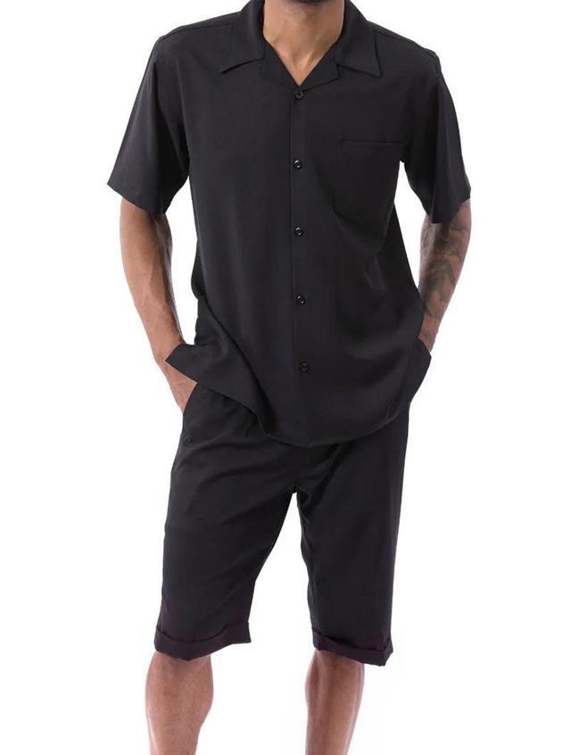 Black 2 Piece Short Sleeve Walking Suit Set with Elastic Waistband Shorts Product Image