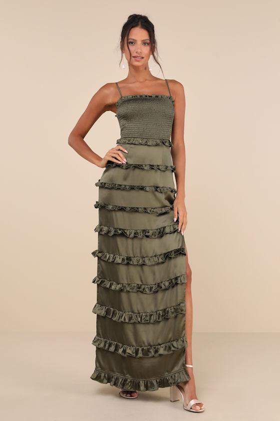 Sincerely Fabulous Olive Green Satin Smocked Ruffled Maxi Dress Product Image