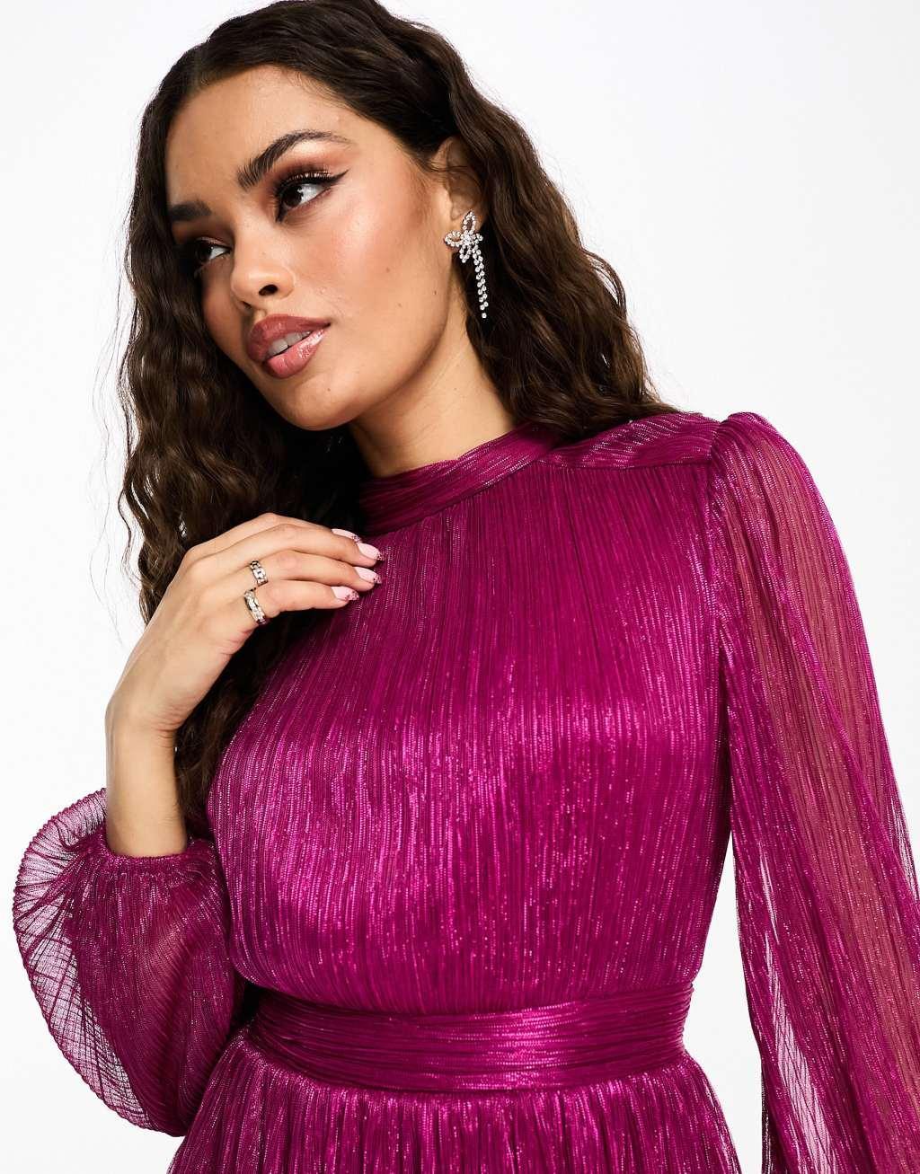 Ever New Petite tiered metallic plisse mini dress in pink Product Image