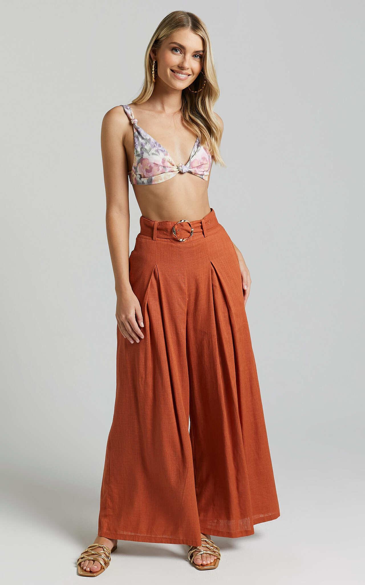 Amalie The Label - Reine Linen Blend High Waisted Wide Leg Pleat Pants in Burnt Sienna Product Image