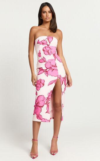 Shantelle Midi Dress - Strapless Bodycon Back Split Dress in Bouquet Di Fiori Print Product Image