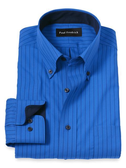 Non-Iron Cotton Stripe Dress Shirt With Contrast Trim - Blue Product Image