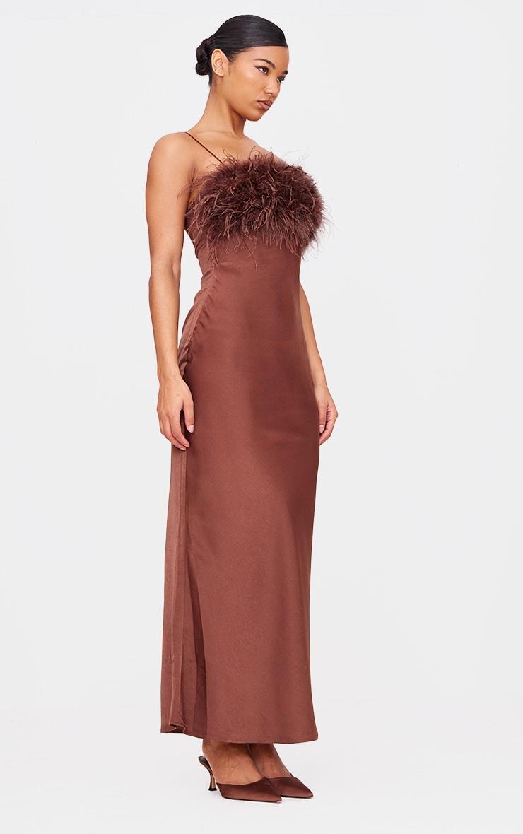 Chocolate Satin Feather Bust Detail Maxi Dress Product Image