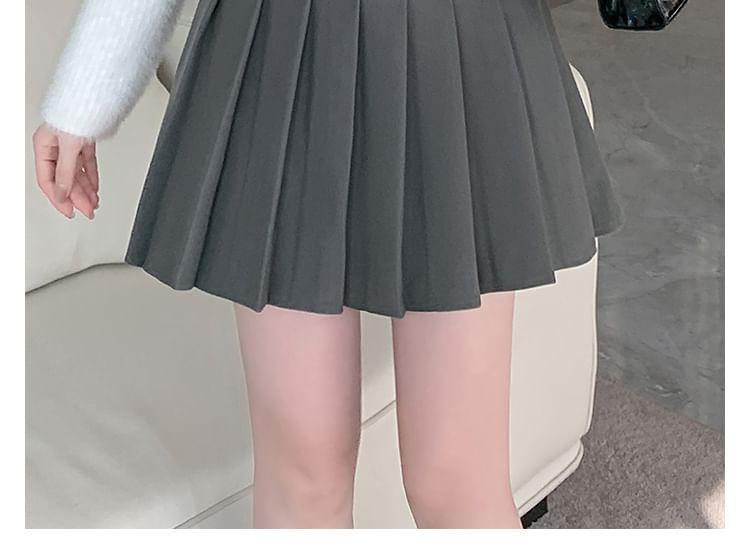 High Waist Plain Pleated Mini A-Line Skirt Product Image