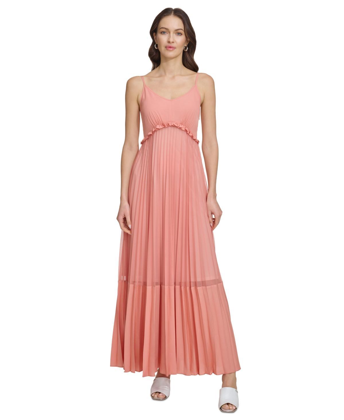 Dkny Womens Solid Tiered Pleated Sleeveless Mesh Maxi Dress product image