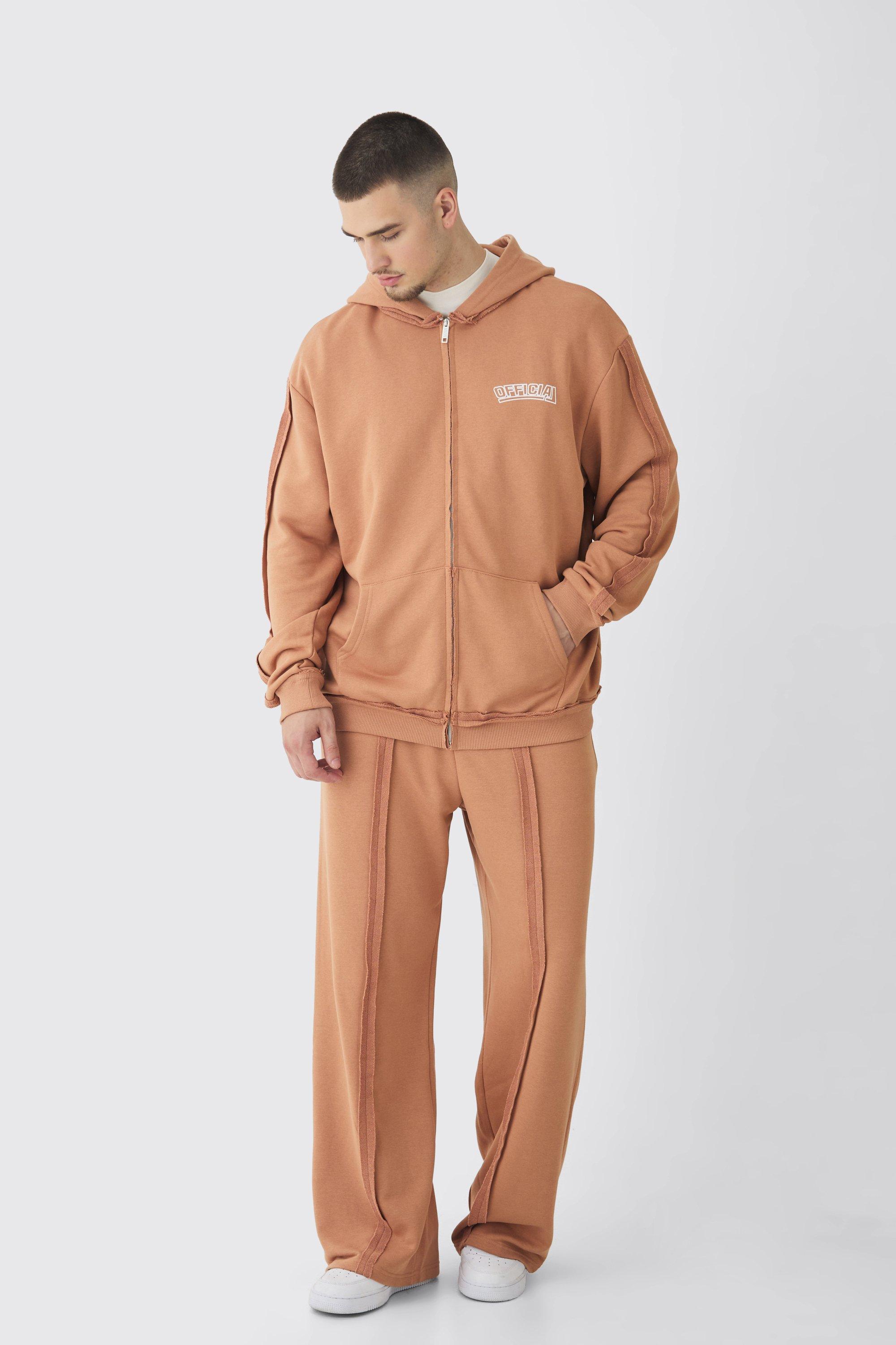 Mens Brown Tall Oversized Zip Applique Raw Seam & Wide Fit Jogger Tracksuit, Brown Product Image