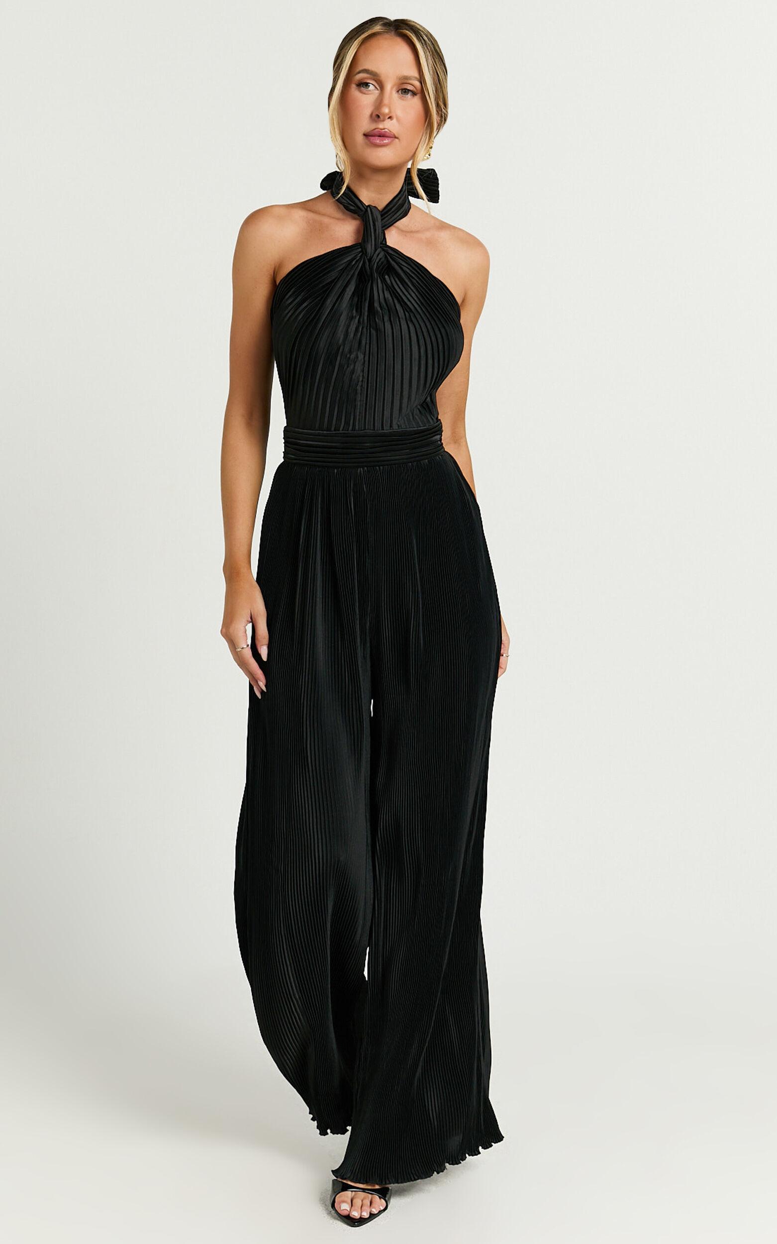 Paris Jumpsuit - Plisse Halter Neck Wide Leg Jumpsuit in Black Product Image