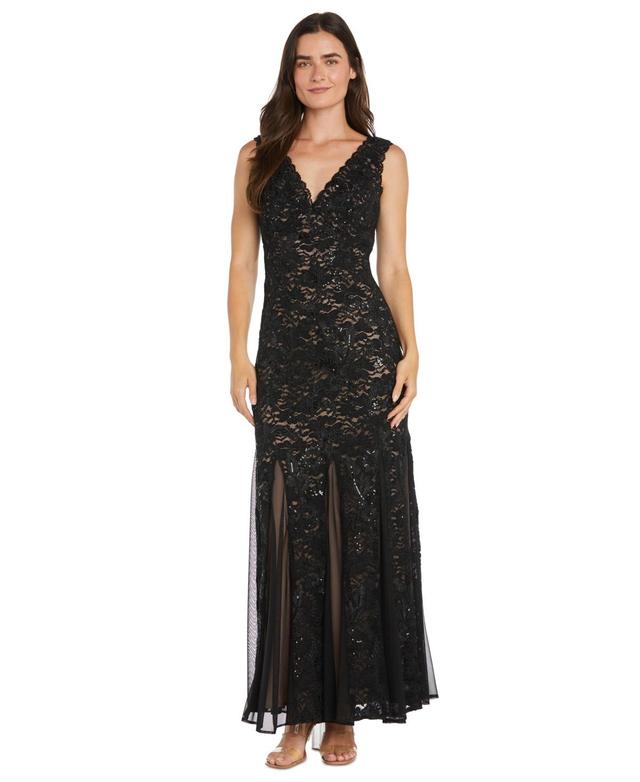 R & M Richards Womens Lace & Sequin V-Neck Sleeveless Gown - Black Product Image