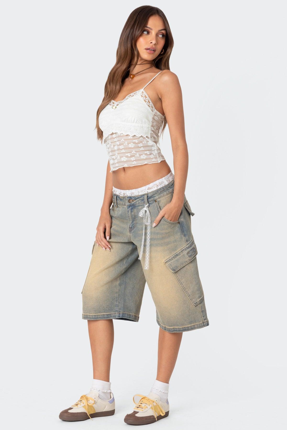 Lace Boxer Denim Bermuda Shorts Product Image