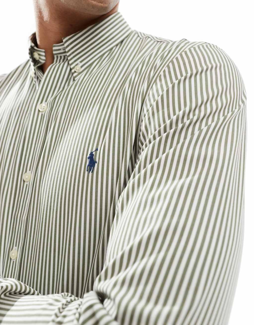 Polo Ralph Lauren icon logo slim fit stripe stretch poplin shirt in green/white Product Image