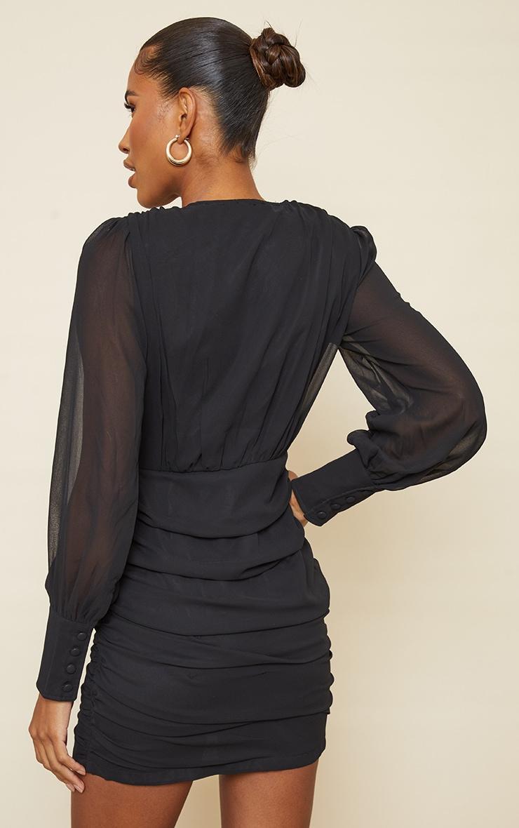 Black Long Sleeve Chiffon Ruched Bodycon Dress Product Image