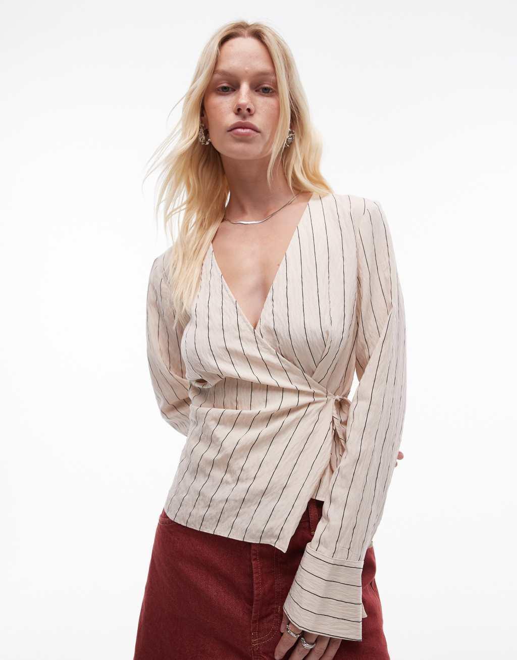 Topshop step hem wrap top in natural pinstripe Product Image