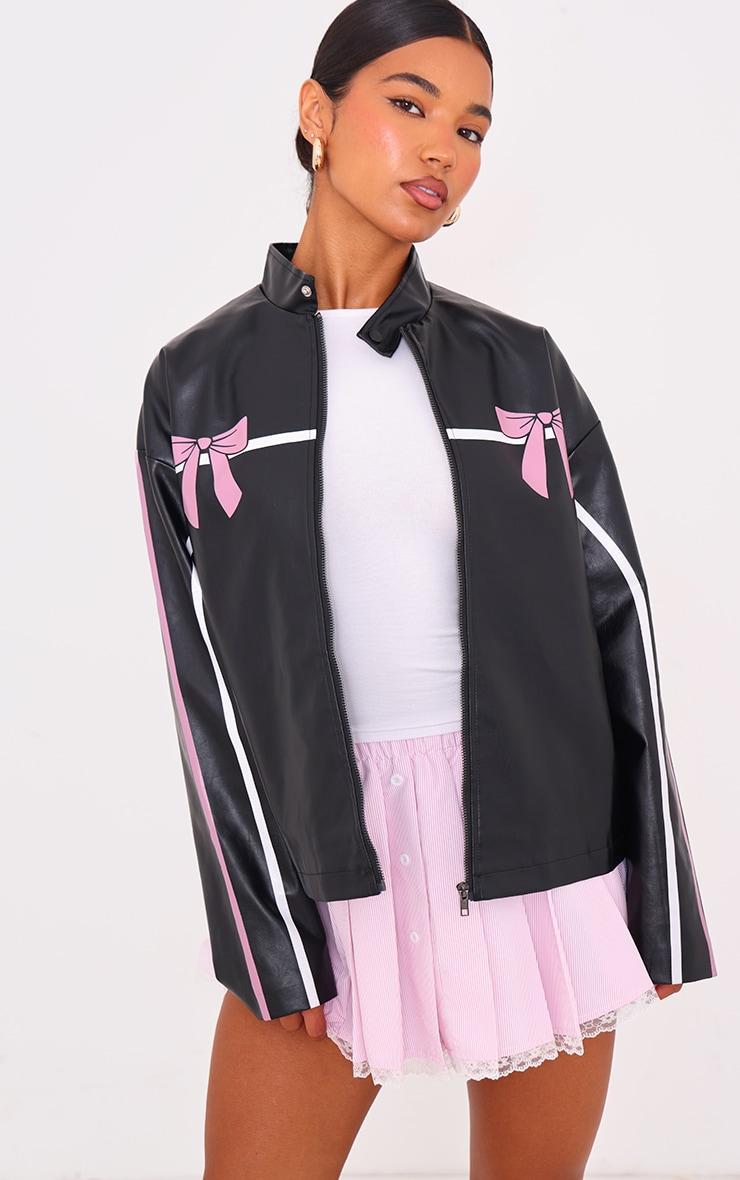 Black Faux Leather Bow Print Detail Jacket Product Image