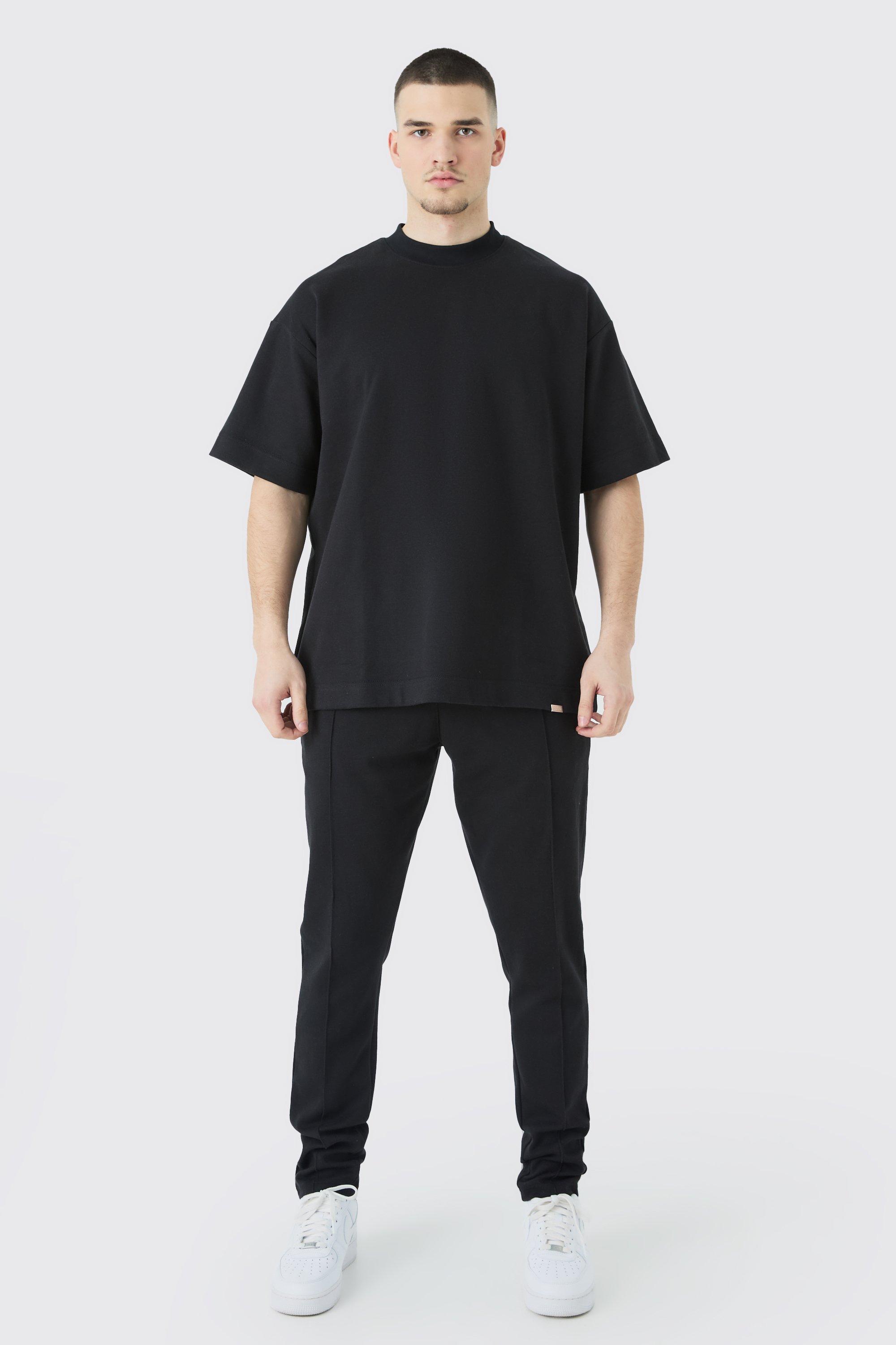 Mens Black Tall Oversized T-shirt & Taper Jogger Interlock Set, Black Product Image