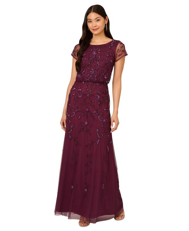 Adrianna Papell Womens Boat-Neck Short-Sleeve Beaded Blouson Gown Product Image