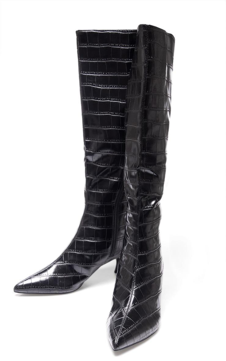 Black Croc PU Point Toe Low Heel Knee High Boots Product Image