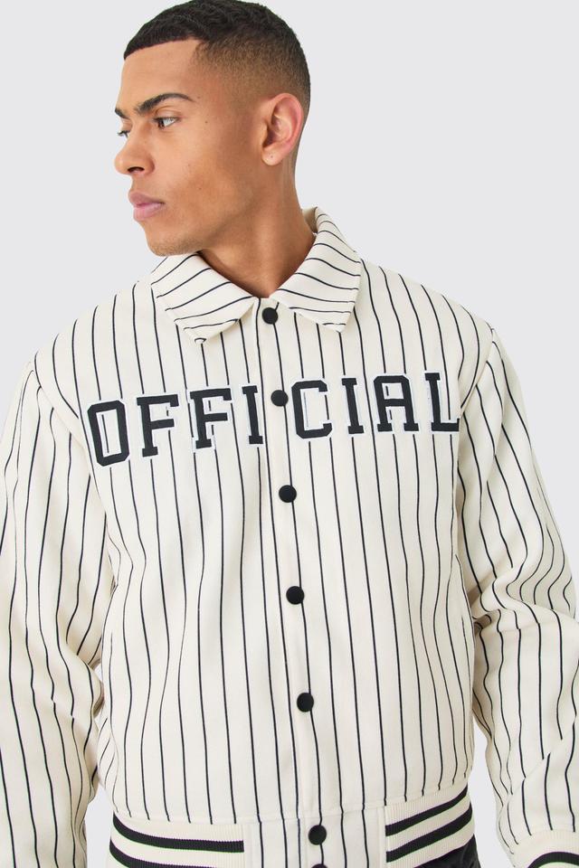 Mens Cream Official Pinstripe Varsity Bomber Jacket, Cream Product Image