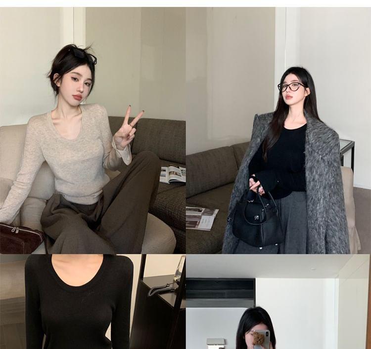 Long Sleeve Round Neck Plain Knit Top Product Image