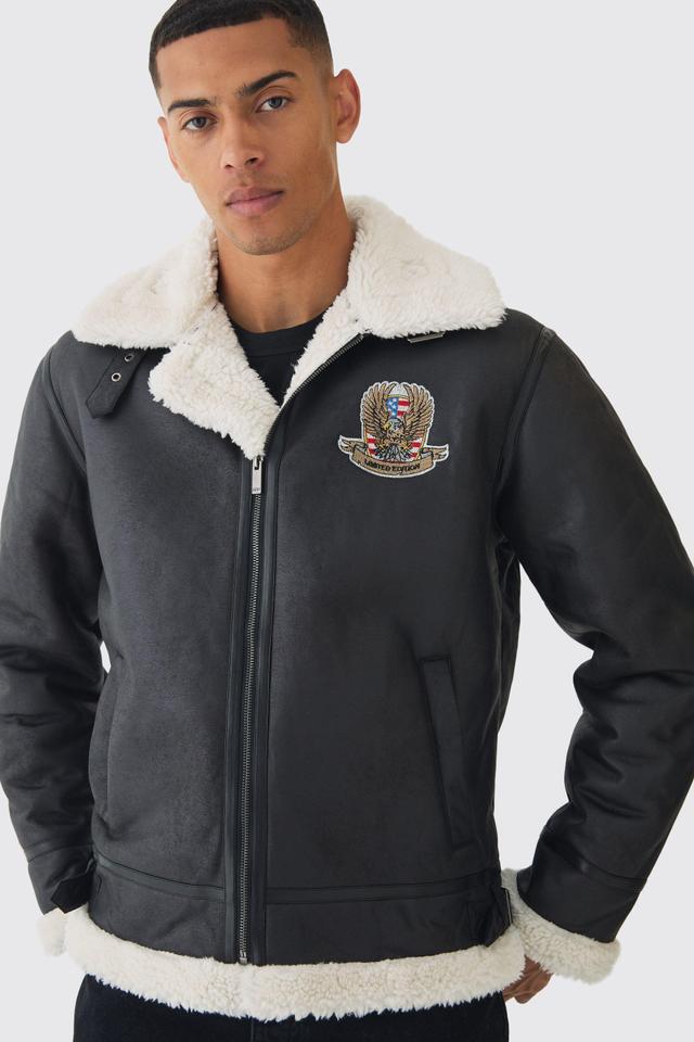 Mens Official Badge Suede Flight Jacket In Black, Black Product Image