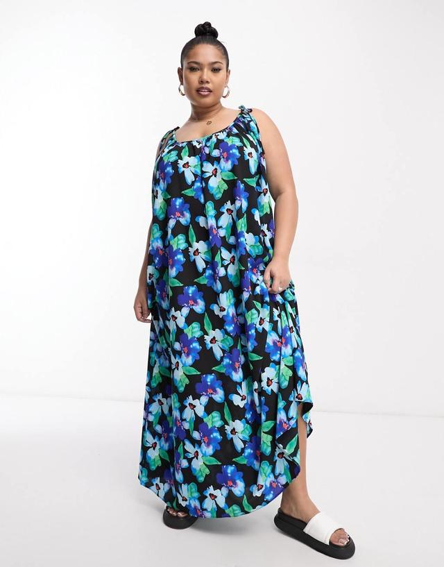 ASOS DESIGN Curve tie strap detail trapeze maxi slip dress in blue floral print Product Image