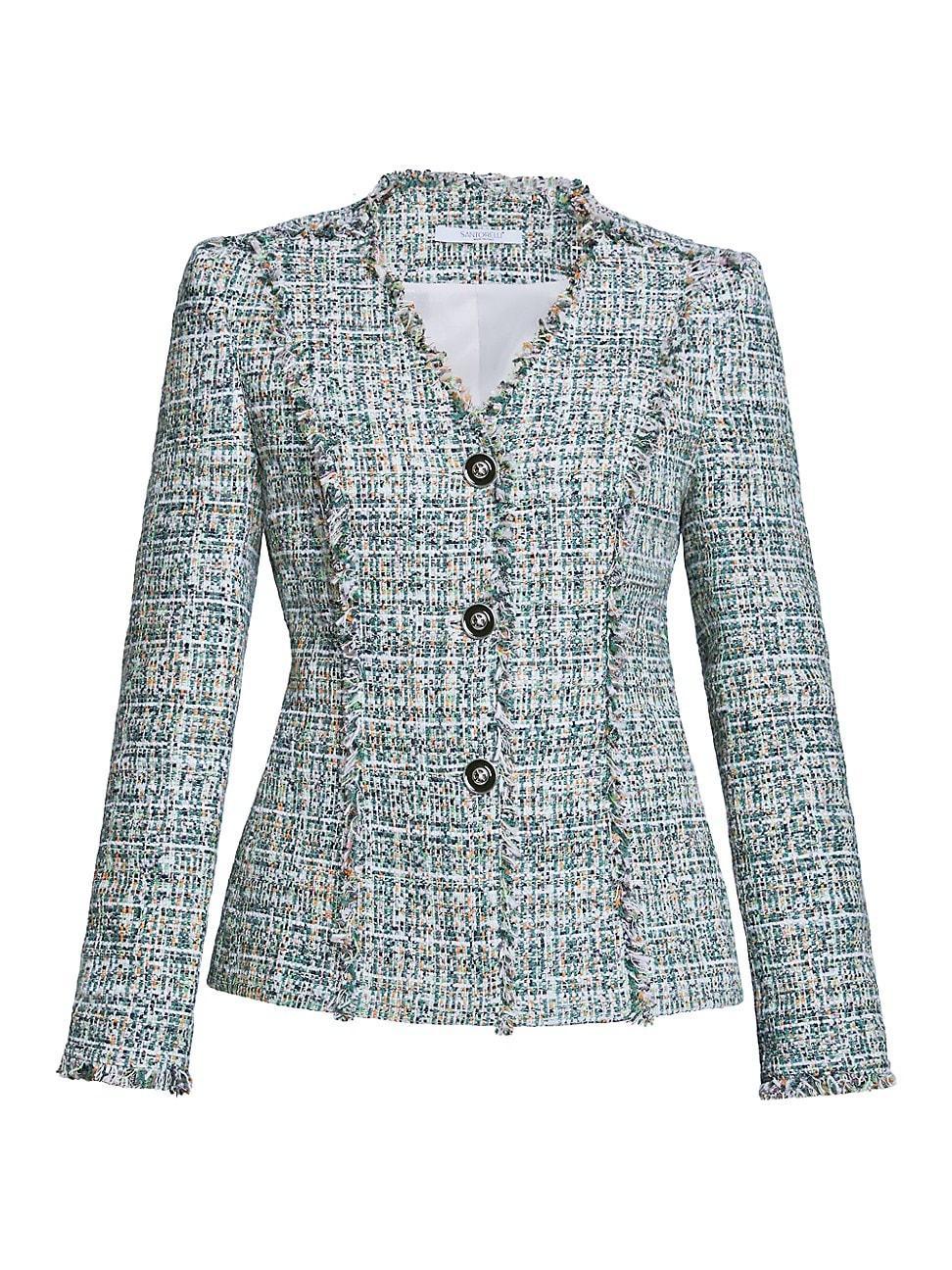 Womens Fringe-Trim Tailored Tweed Jacket Product Image