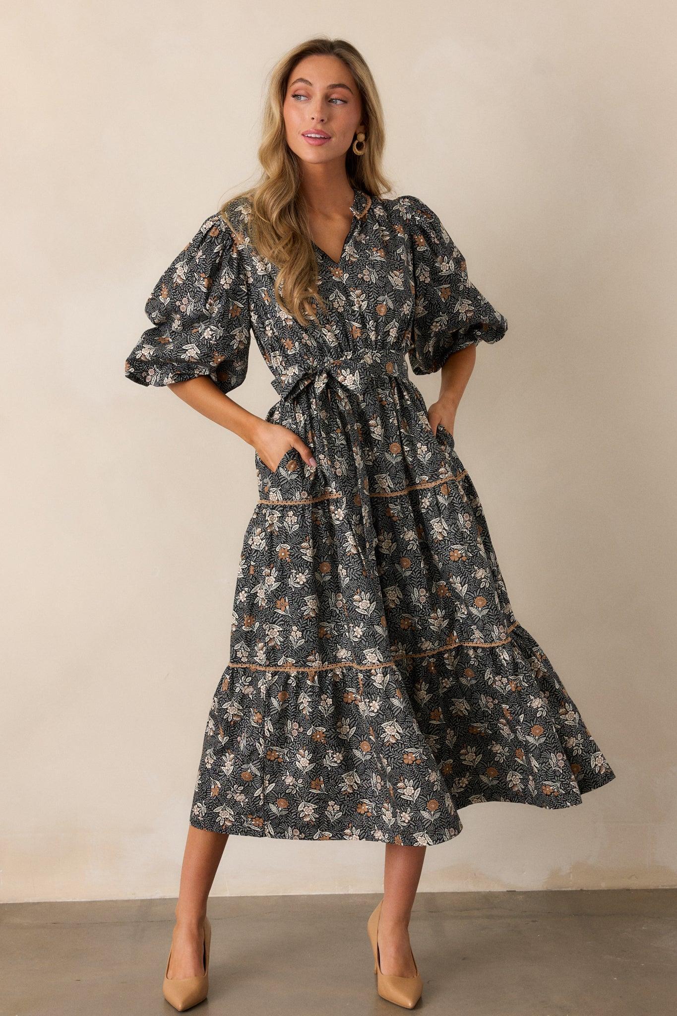 Rustic Allure 100% Cotton Black Floral Midi Dress Product Image