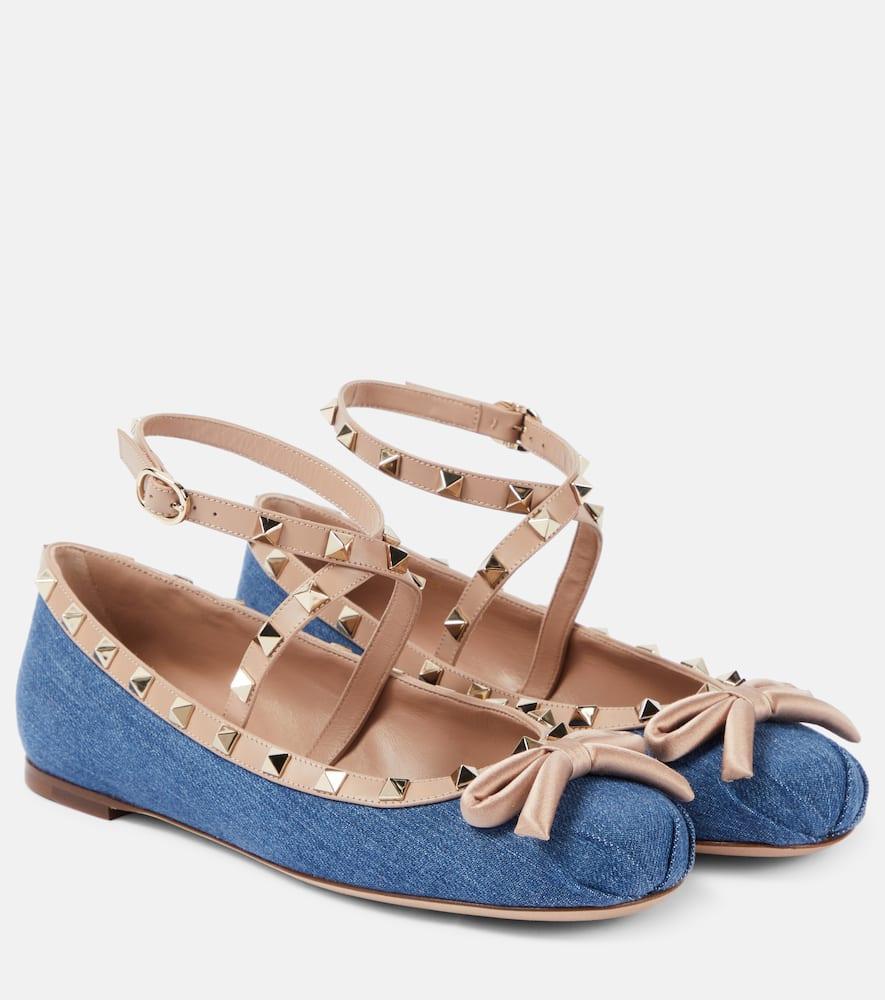 Rockstud Leather-trimmed Denim Ballet Flats In Blue Product Image