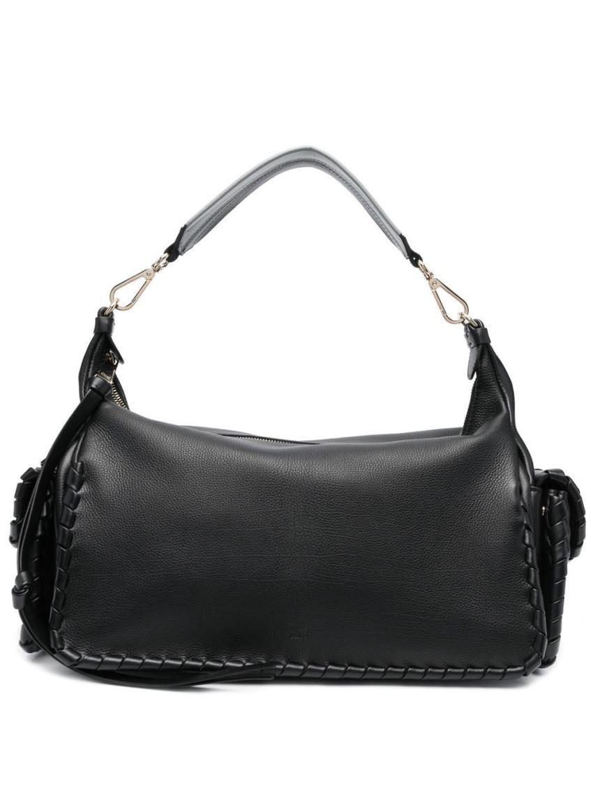 Textured Leather Nahir Shoulder Bag With Gold Metal Trim In Black Product Image