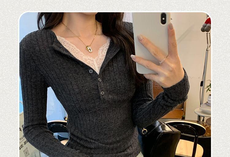 Mock Two-Piece Long-Sleeve Henley Lace Panel Ribbed T-Shirt Product Image