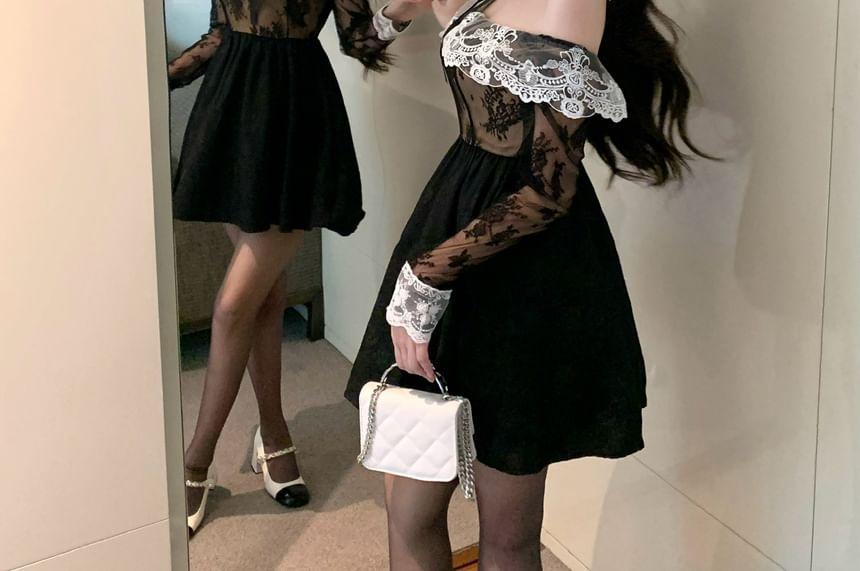 Off-The-Shoulder Long Sleeve Lace Trim Mini A-Line Dress Product Image