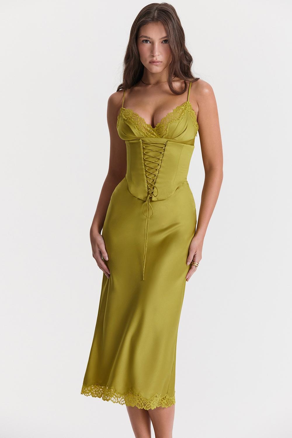 Salma Chartreuse Satin Slip Dress Product Image