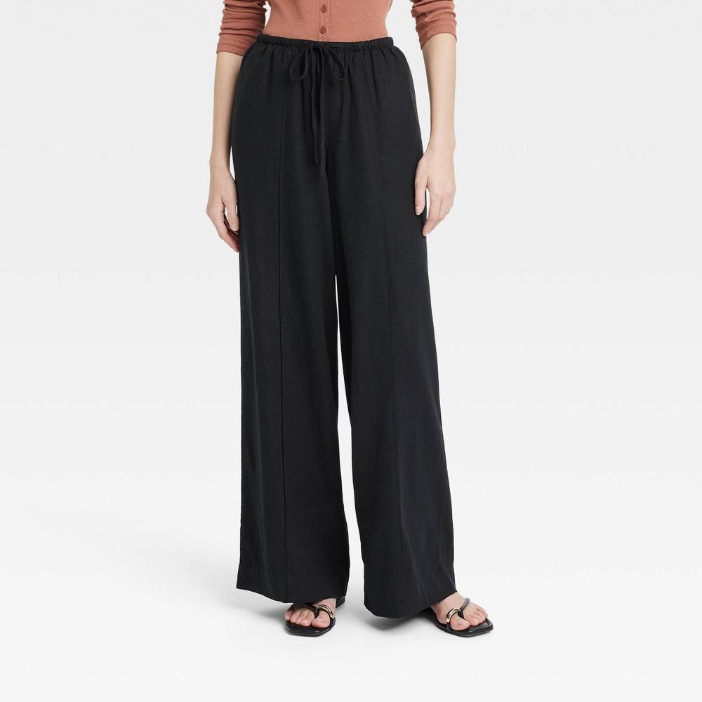 Womens High-Rise Wide Leg Linen Pull-On Pants - A New Day Black Product Image