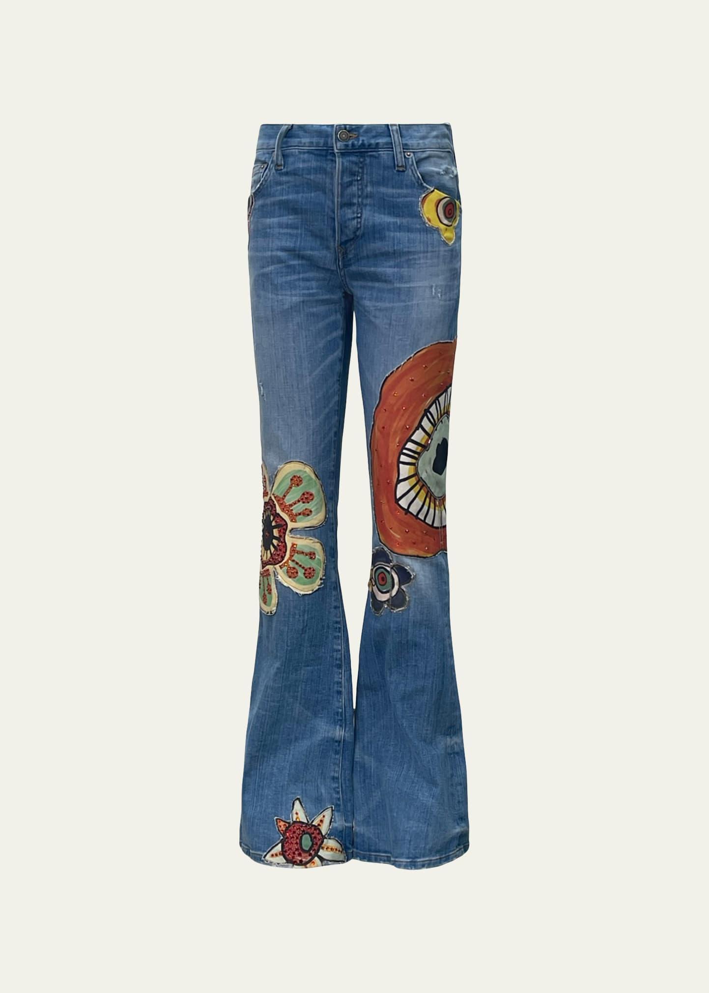 Mens Vintage Flower Patchwork Flare Jeans Product Image