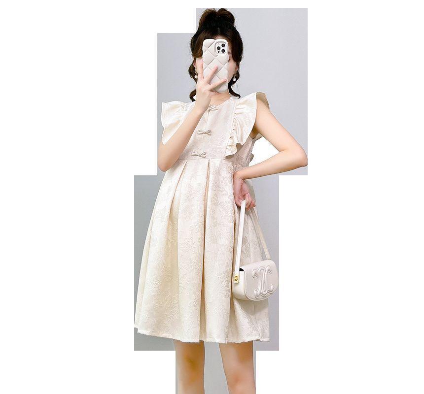 Maternity Cap-Sleeve Round Neck Jacquard Bow A-Line Dress Product Image